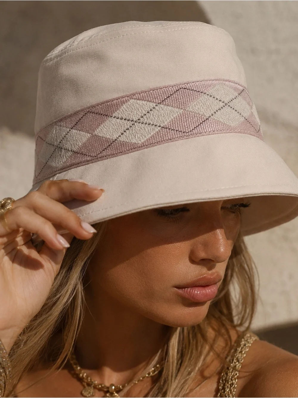 Pringle Cream Bucket Hat with Pink Argyle Trim